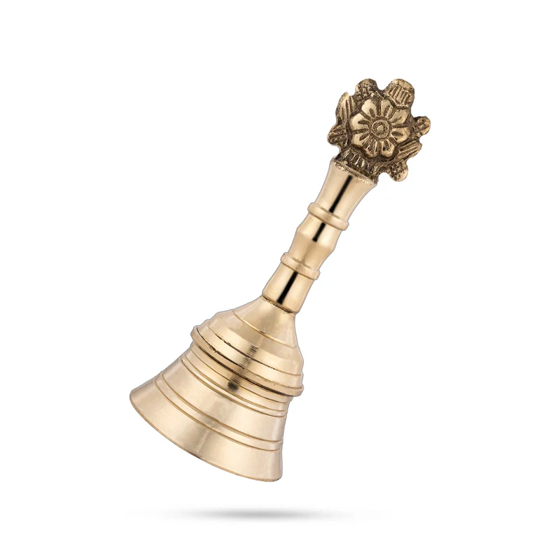 Hand Bell - 5.5 x 2.5 Inches | Shankh Chakra Handle Ghanti/ Pooja Bell/ Brass Bell for Home/ 330 Gms Approx