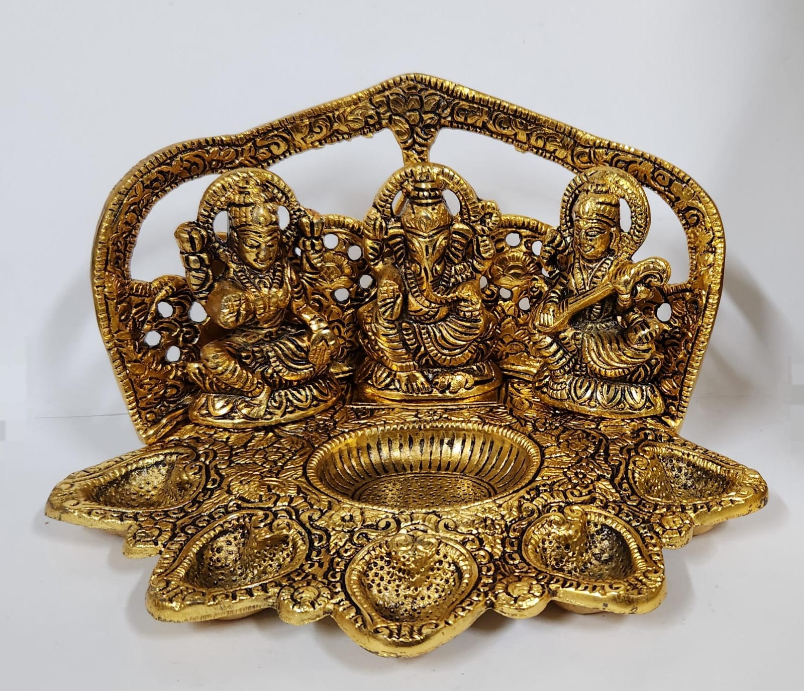 Metal Ganesha Lakshmi and Saraswati With Diya - Medium